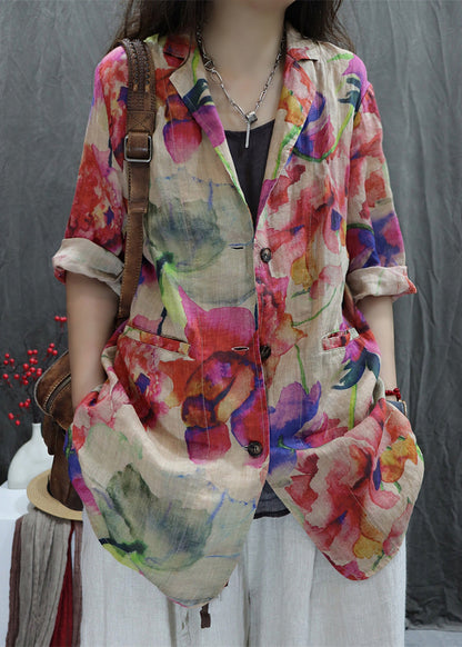 Open Coats Back Cotton Pockets Bracelet Apricot New Sleeve Print