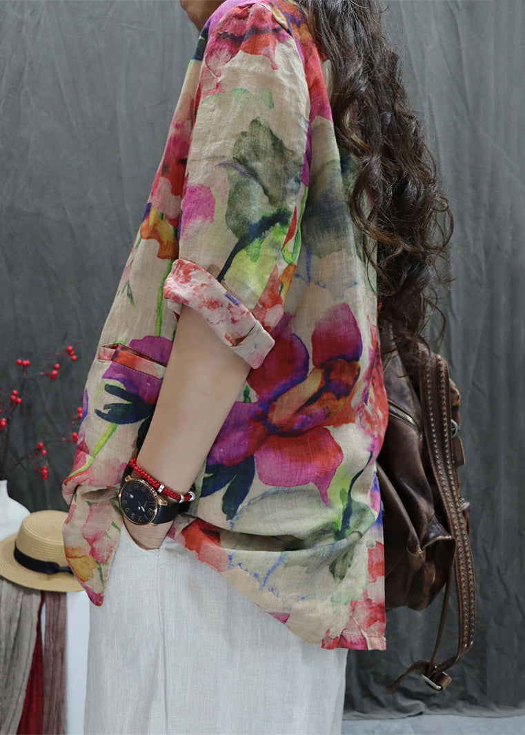 New Coats Sleeve Cotton Open Bracelet Back Pockets Apricot Print