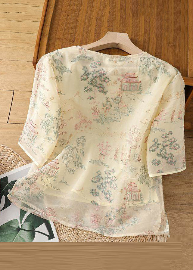 Apricot Tulle Sleeve Half Blouses Open Print New Side
