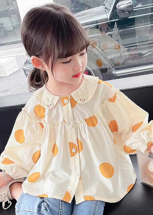 New Apricot Ruffled Button Print Cotton Kids Shirts Long Sleeve YU1042