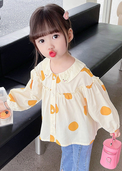 New Apricot Ruffled Button Print Cotton Kids Shirts Long Sleeve YU1042