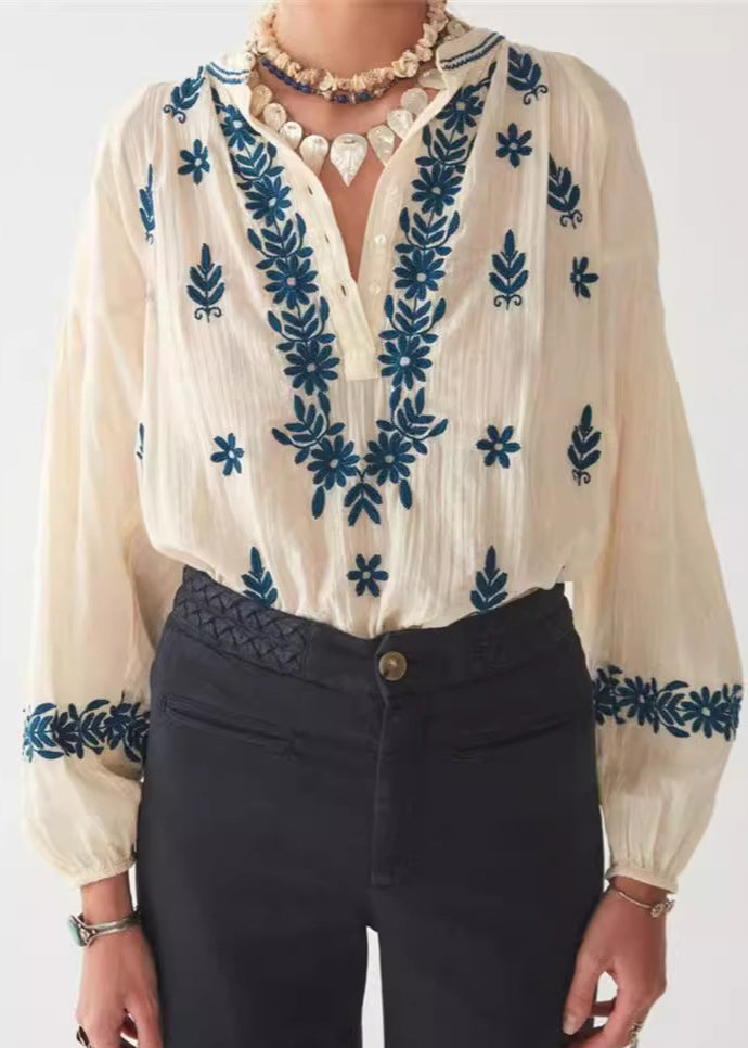 Beige Sleeve New Top Embroidered Puff Cotton Shirt