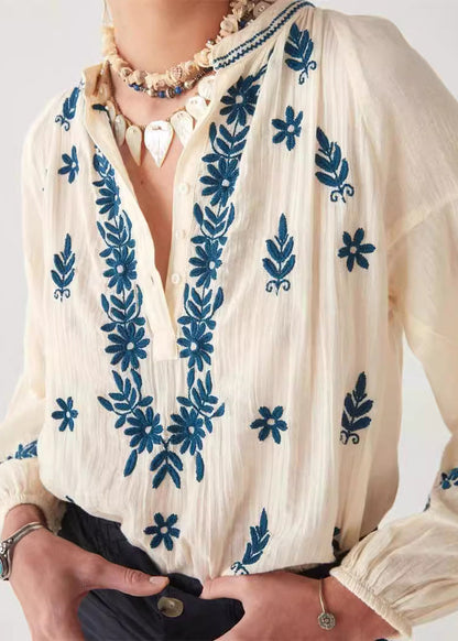 Beige Sleeve New Top Embroidered Puff Cotton Shirt