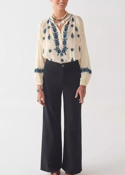 Beige Sleeve New Top Embroidered Puff Cotton Shirt