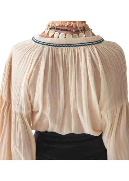Beige Sleeve New Top Embroidered Puff Cotton Shirt