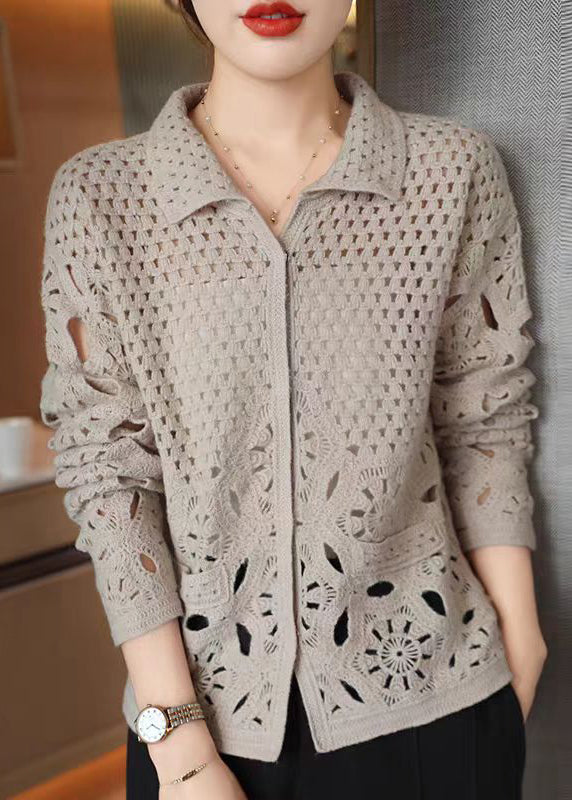 New Beige Hollow Out Button Knit Cardigan Fall WQ037