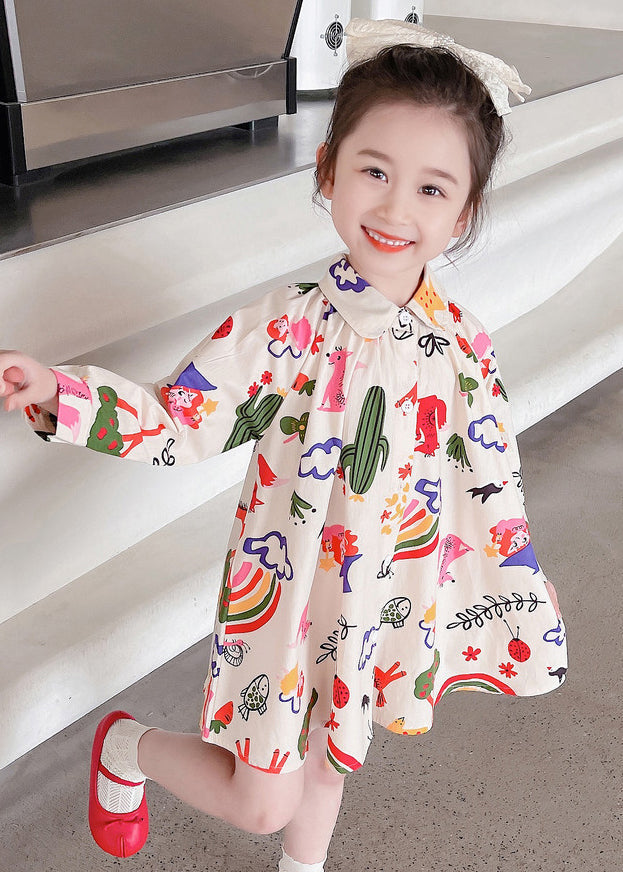 New Beige Print Button Girls Mid Dress Long Sleeve SS1042