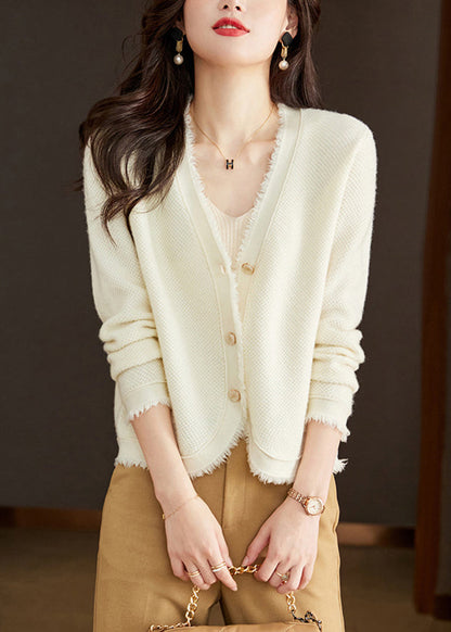 Nouveau cardigan en tricot de laine unie à col en V beige à boutons pour l'automne WL005