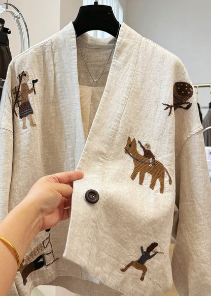 Beige Neck Patchwork Coats V Fall Linen New Embroidered
