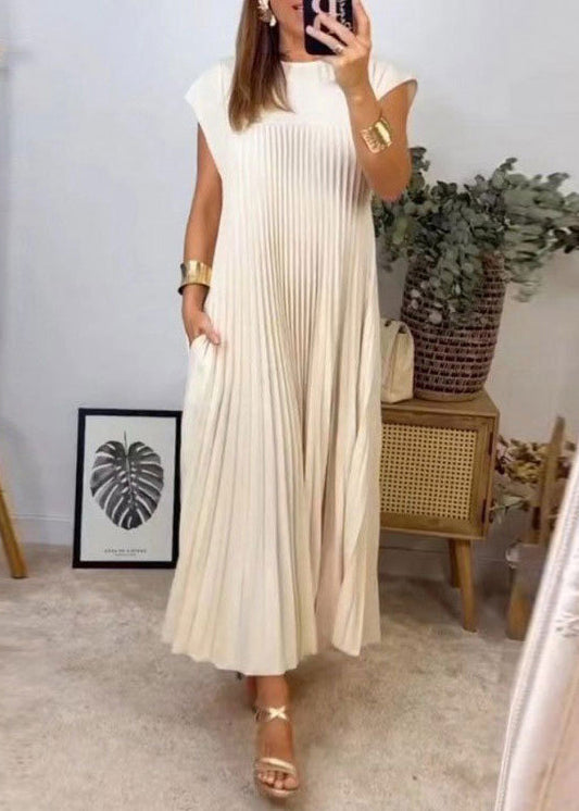 Pockets Wrinkled Dress Beige Solid Long New Summer