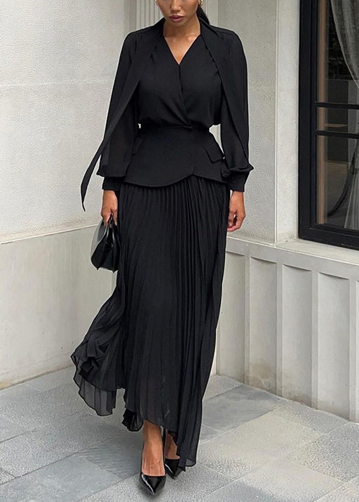 New Black Asymmetrical Design Top And Pleated Skirt Set Fall QL023