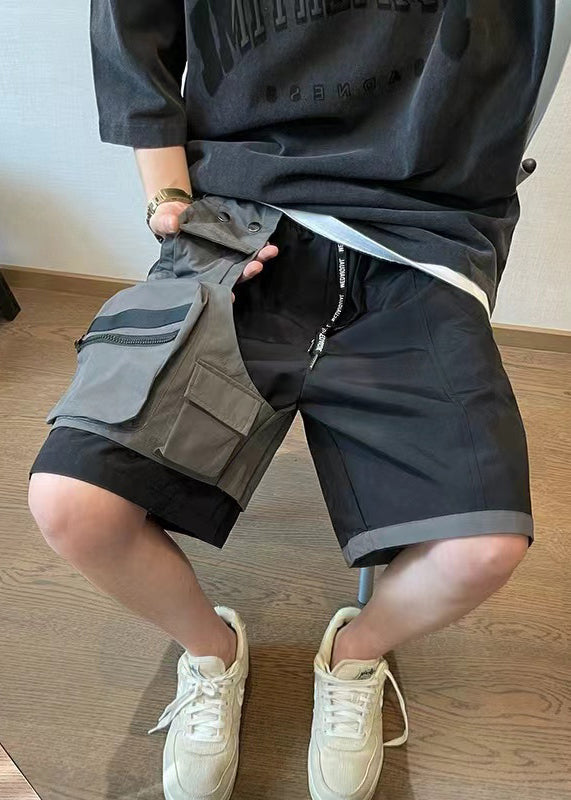 Cotton Shorts Patchwork New Asymmetrical Mens Pockets Black