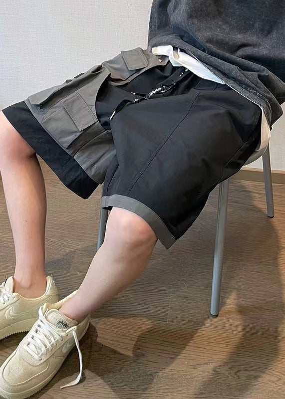 Cotton Shorts Patchwork New Asymmetrical Mens Pockets Black