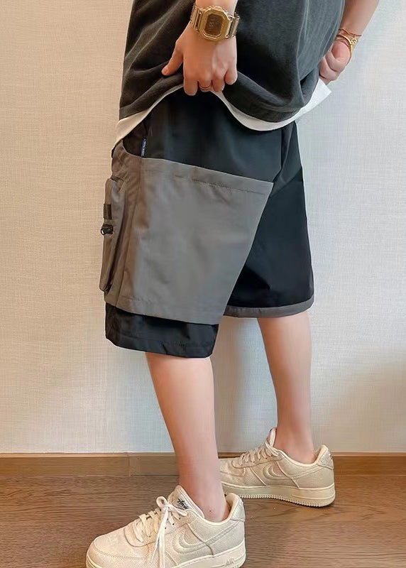 Cotton Shorts Patchwork New Asymmetrical Mens Pockets Black