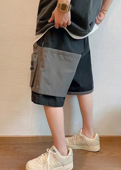Cotton Shorts Patchwork New Asymmetrical Mens Pockets Black