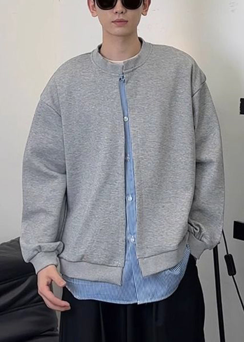 New Black Striped Patchwork Sweatshirts Mens Spring Cotton Button