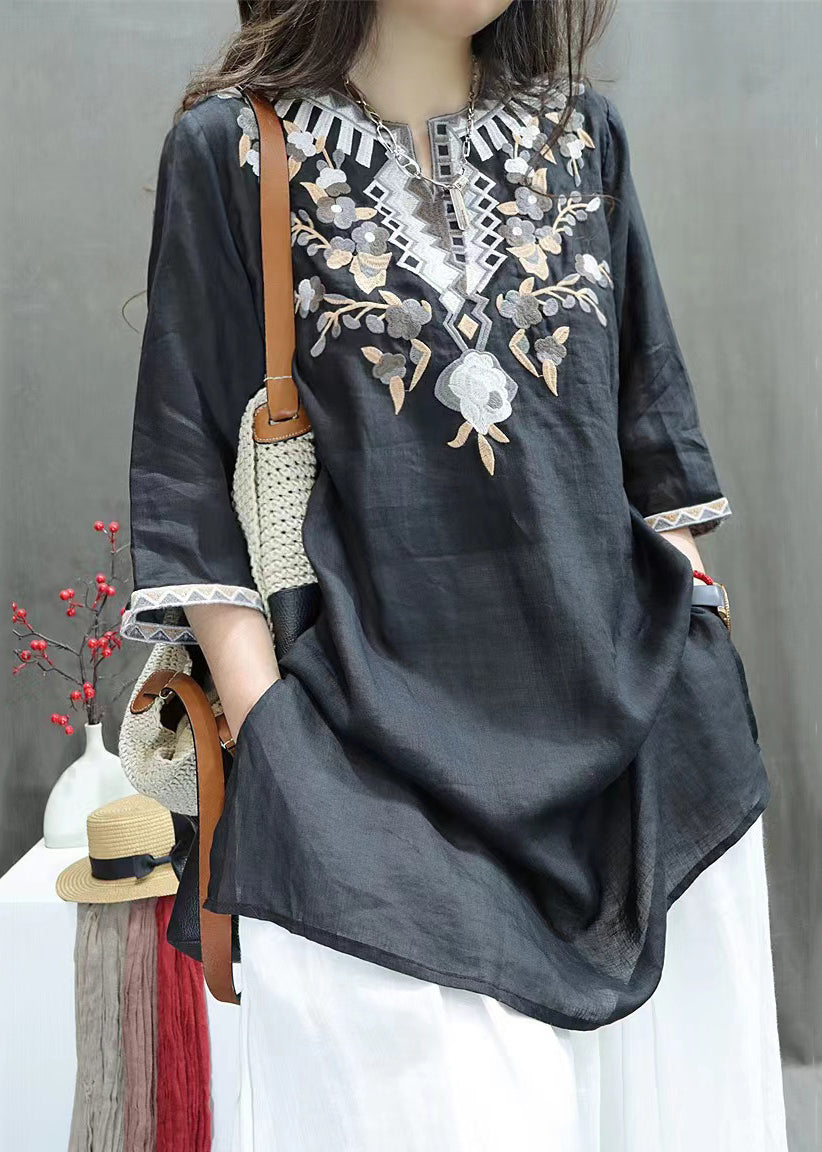 Embroidered New Linen Black Shirts Side Sleeve Open Half