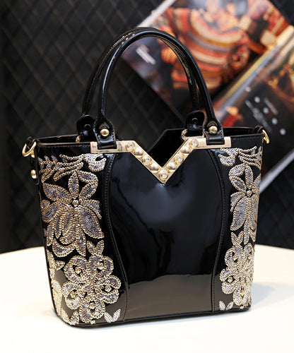 Handbag Zircon Embroidered New Black Leather Faux Tote