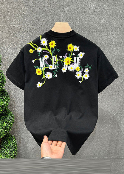 New Black Embroideried Cozy Cotton T Shirts Short Sleeve LK055