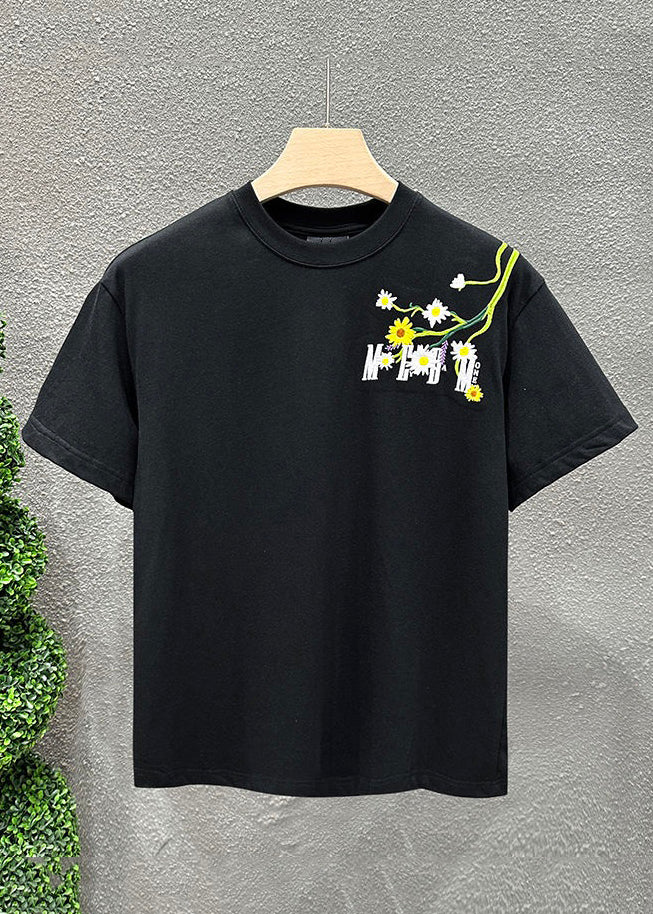 New Black Embroideried Cozy Cotton T Shirts Short Sleeve LK055