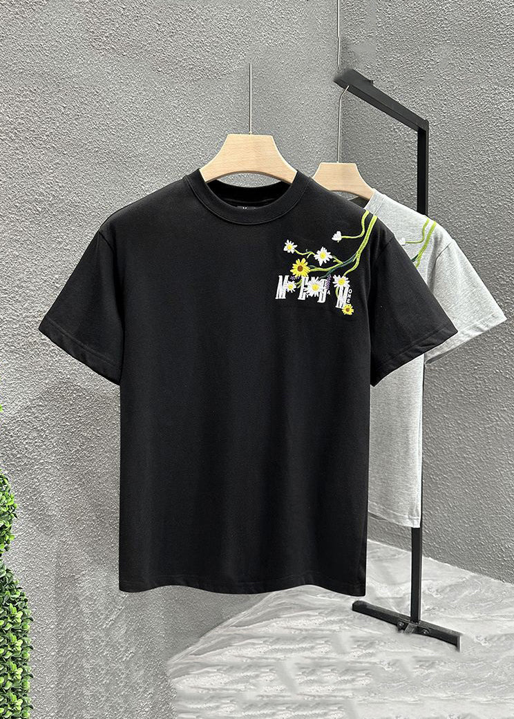 New Black Embroideried Cozy Cotton T Shirts Short Sleeve LK055