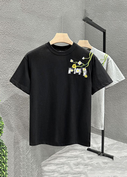 New Black Embroideried Cozy Cotton T Shirts Short Sleeve LK055