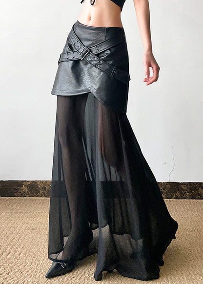Summer Faux Skirt New Leather Black Tulle Waist High Patchwork