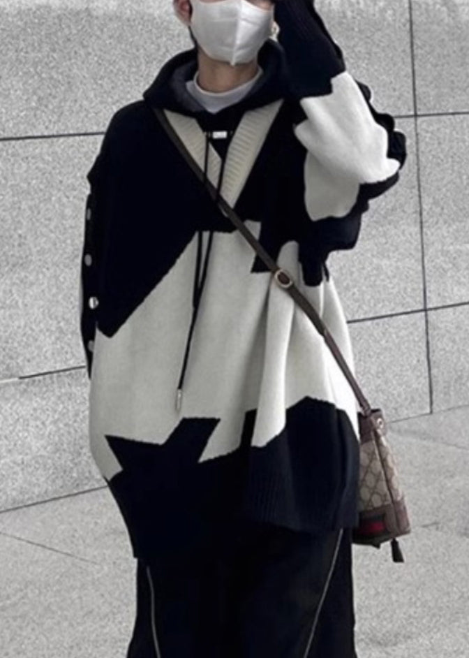 New Men Black Hooded Knit Sweaters Patchwork Cozy Spring