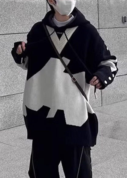 New Men Black Hooded Knit Sweaters Patchwork Cozy Spring