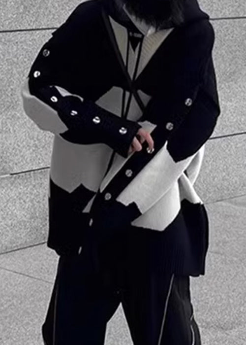 New Men Black Hooded Knit Sweaters Patchwork Cozy Spring