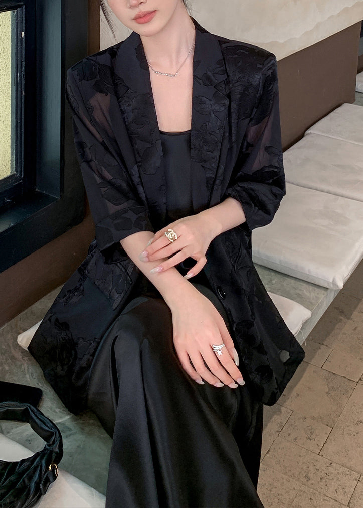 New Silk Black Bracelet Coat Notched Pockets Sleeve Button