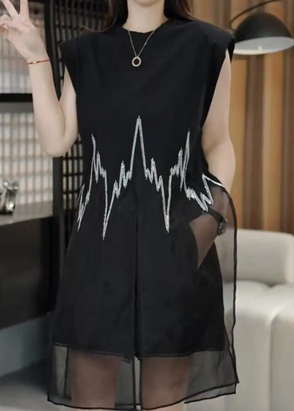 Open Black O-Neck Sleeveless New Side Top Mid Embroidered