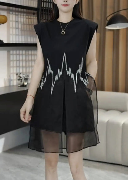 Open Black O-Neck Sleeveless New Side Top Mid Embroidered