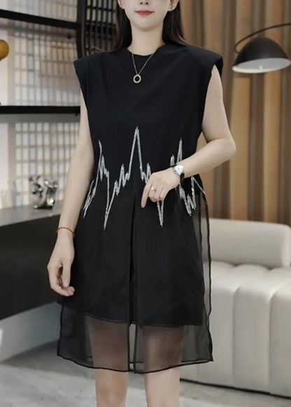 Open Black O-Neck Sleeveless New Side Top Mid Embroidered