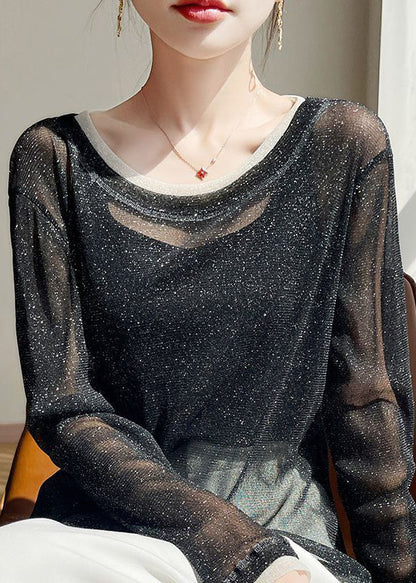 Shirts Summer T Black New Patchwork O Neck Tulle Thin