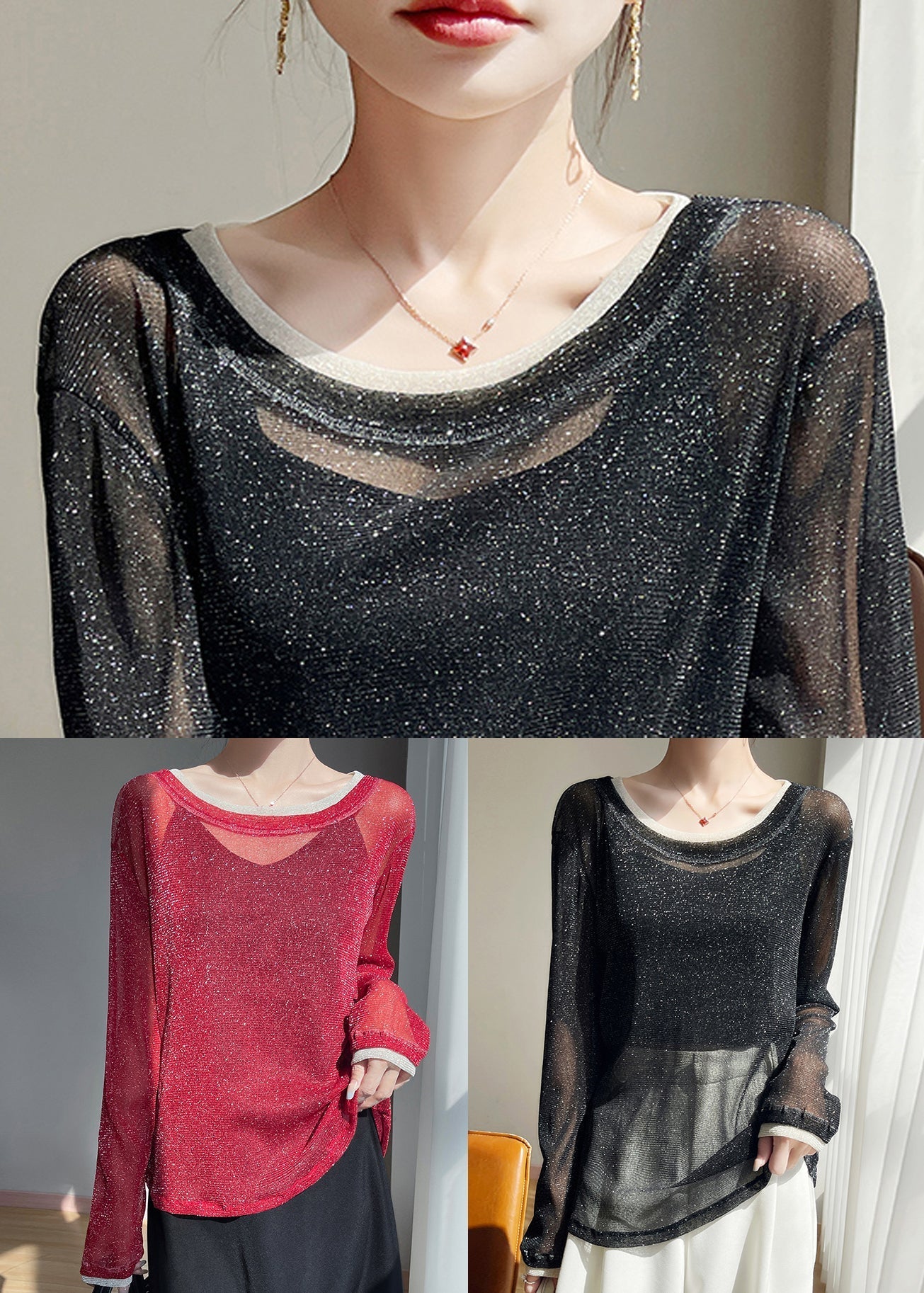 Shirts Summer T Black New Patchwork O Neck Tulle Thin