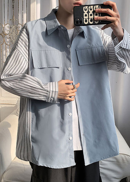 Patchwork New Shirts Pan Peter Cotton Black Collar Striped Mens