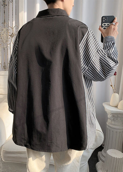 Patchwork New Shirts Pan Peter Cotton Black Collar Striped Mens