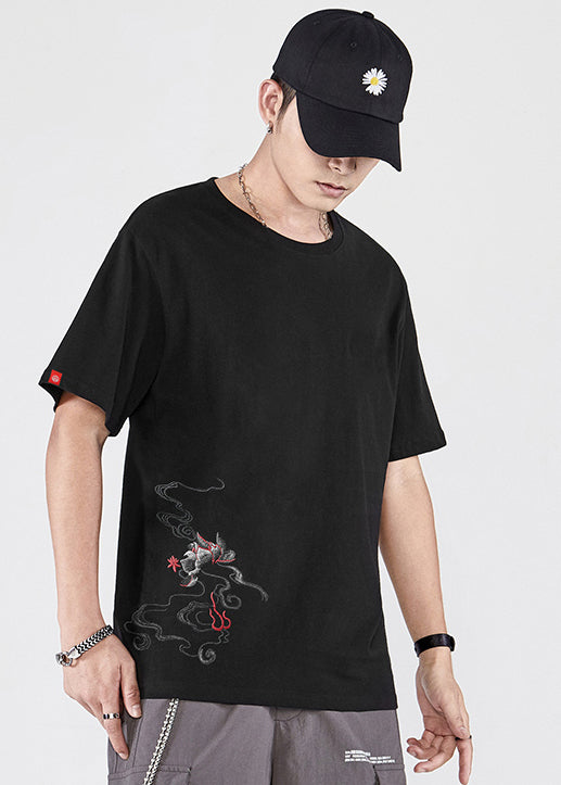 Black Men T New Phoenix Cotton Shirt Embroideried Summer