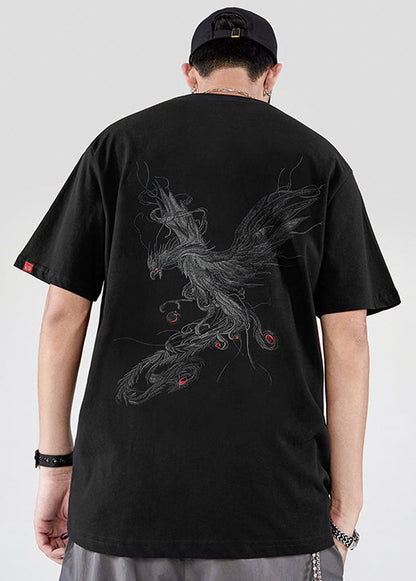 Black Men T New Phoenix Cotton Shirt Embroideried Summer