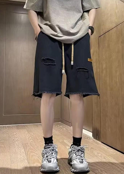 New Black Pockets Drawstring Denim Men Ripped Jeans Summer YL023