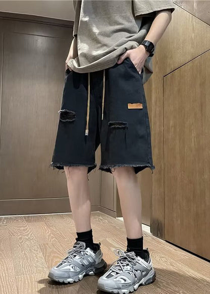 New Black Pockets Drawstring Denim Men Ripped Jeans Summer YL023