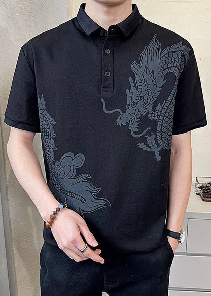 Summer Cotton Black Print Men Button New Polo Shirt