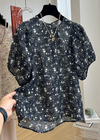 Summer New Button Print Shirt Black Cotton