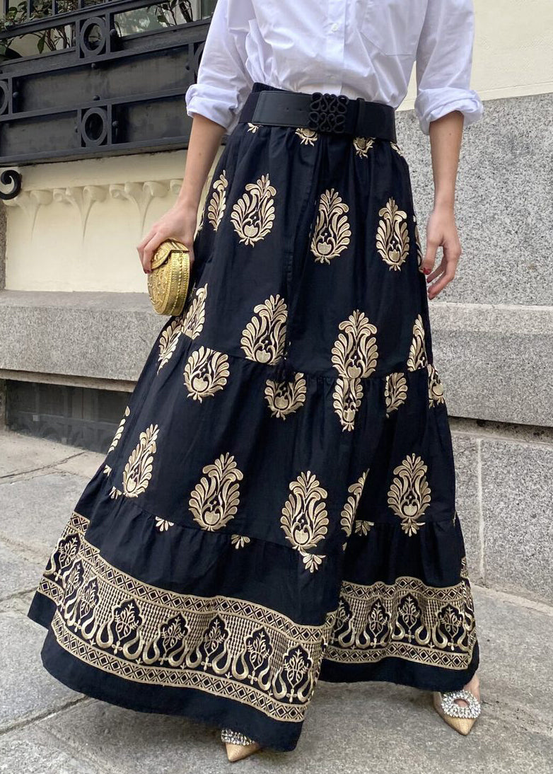 New Black Print High Waist Cotton Maxi Skirts Fall BB069