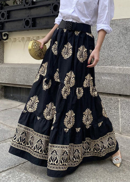 New Black Print High Waist Cotton Maxi Skirts Fall BB069