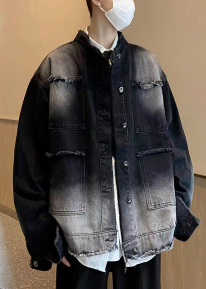 New Denim Button Collar Spring TC037 Black Pockets Stand Coat Mens