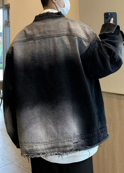 New Denim Button Collar Spring TC037 Black Pockets Stand Coat Mens