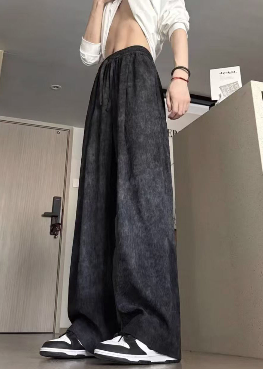 Elastic Men Dye Cotton Waist Black Summer Pants Tie New