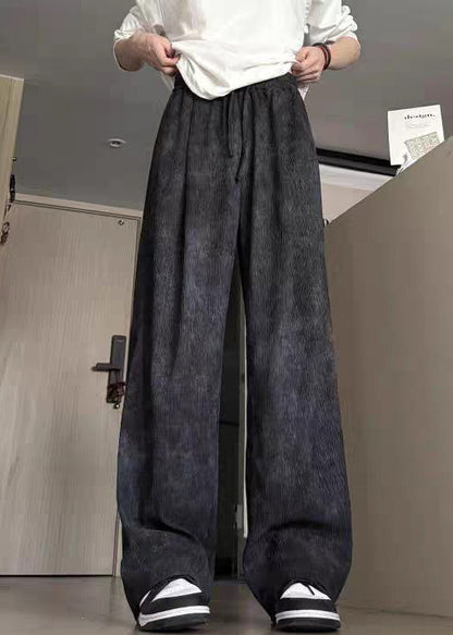 Elastic Men Dye Cotton Waist Black Summer Pants Tie New